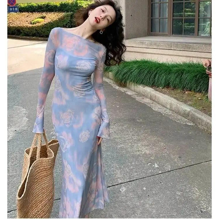 

Dress Two Piece 2024 Fashion French Vintage Halo Dyed Rose Mesh Dress Anti Glare Lining Hanging Autumn Set Slim Sexy Slimming