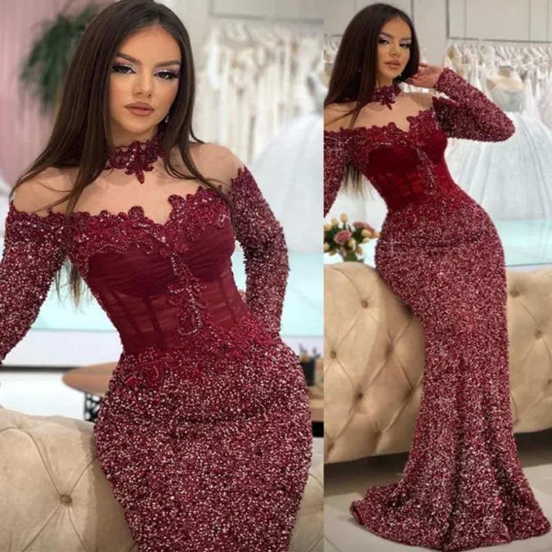 2024 Aso Ebi Burgundy Mermaid Prom Dress Lace Beaded Sexy Evening Formal Party Second Reception Birthday Engagement Gowns Custom