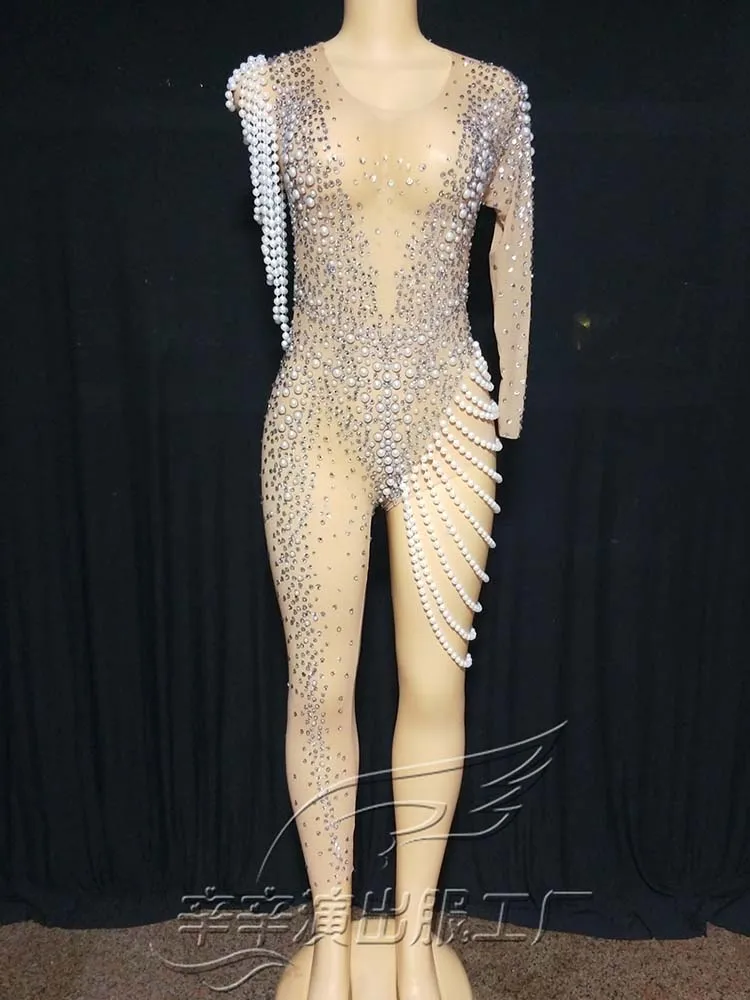 

High Quality Rhinestone Pearl Tassel Sexy Single Sleeve Single Leg Jumpsuit 2024 New Fashionable Custom Women'S Clothing