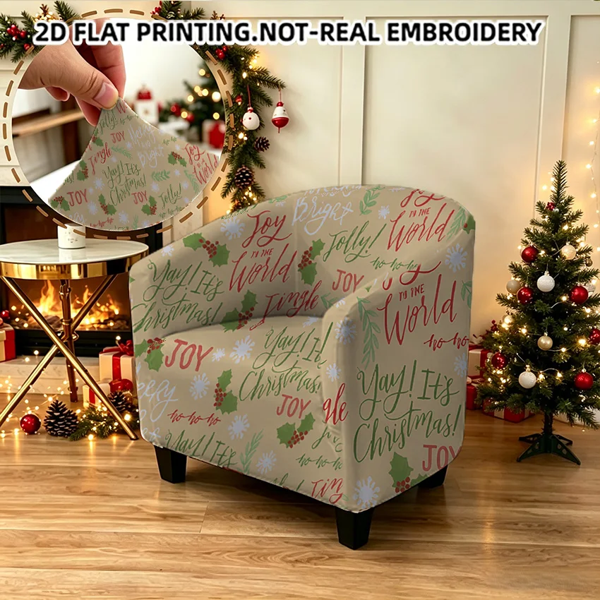Christmas seamless holiday handwritten text greetings joy printed armrest sofa cover, 2D printed elastic single club sofa cover