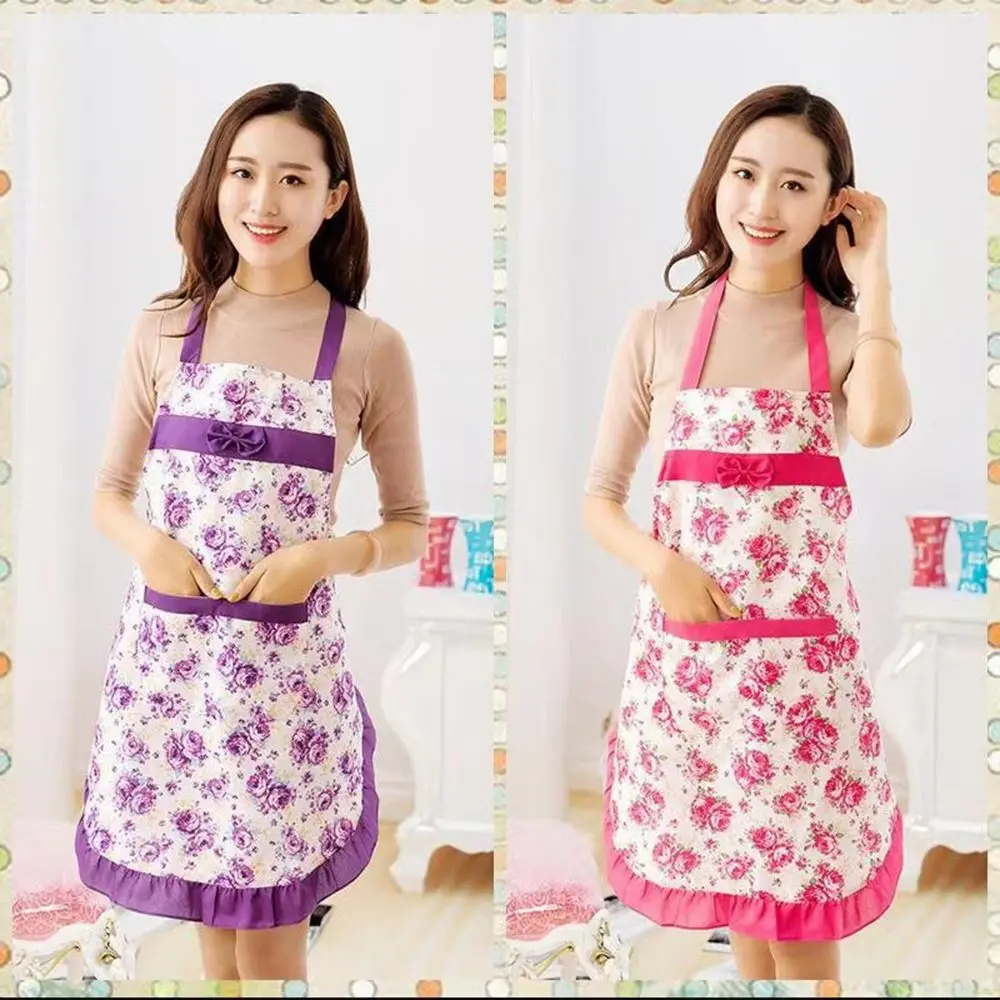 Floral Apron Female Waterproof Kitchen Bib Cooking and Baking Household Hanging Neck Fashion Apron