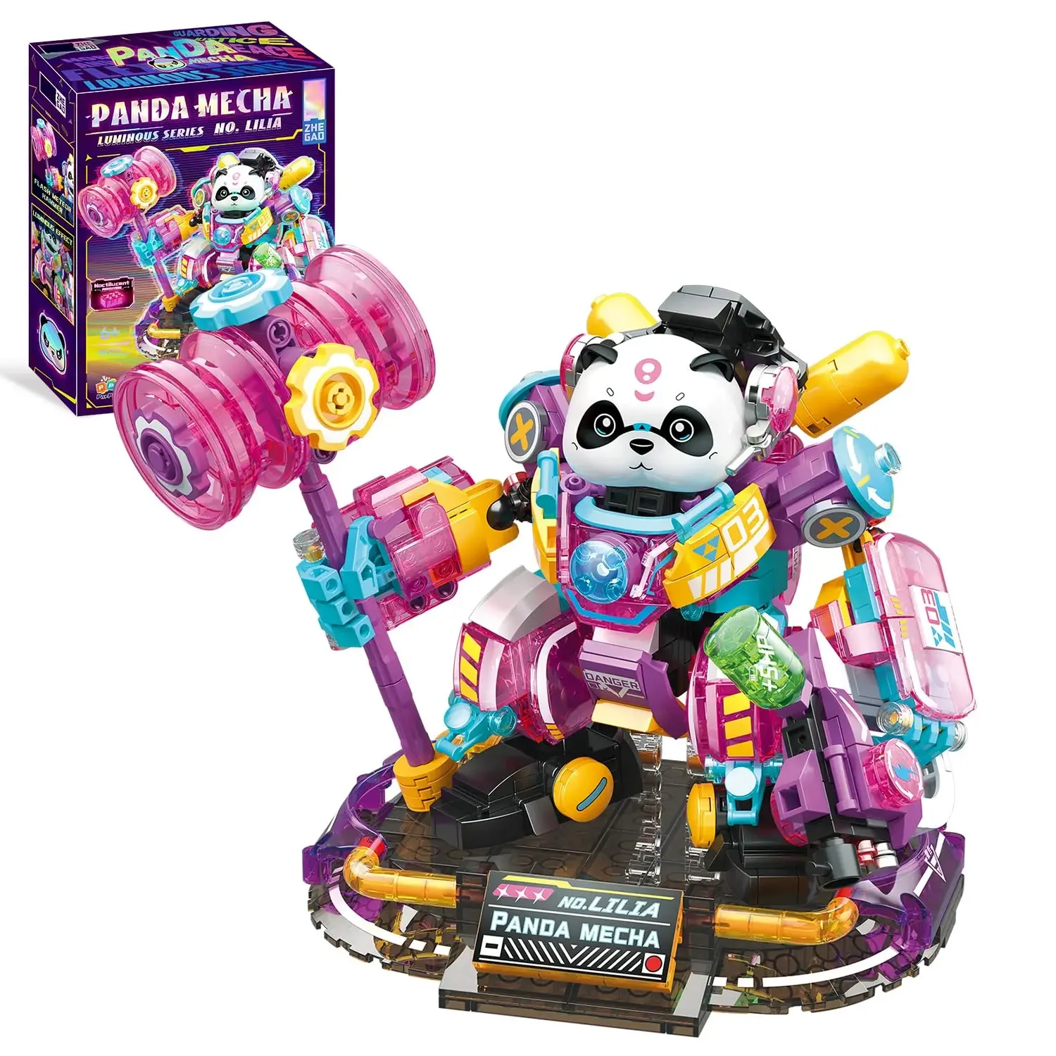 

635PCS Pink Panda Mecha Building Blocks Creative Luminous Building Bricks Figure Model Desktop Ornaments Kids DIY Toys Gifts