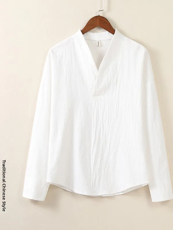 

Мужская рубашка свободного кроя с длинным рукавом из хлопка и льна, новый китайский стиль Ханьфу, повседневная одежда для весны и осени, большие размеры, для повседневной носки