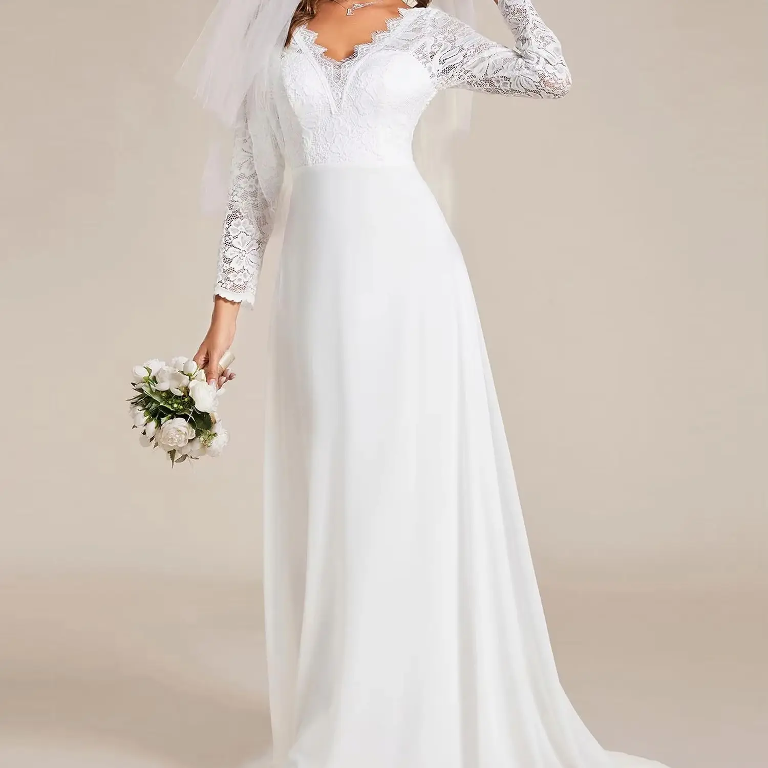 Customized Women’s Fall Long Wedding Dress For Woman Bride Sleeve Lace V Neck Wedding Dress with Train Bridal Gown