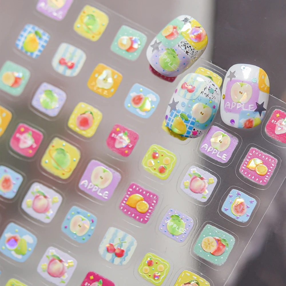 

Сладкий кубист, фрукты, сад, наклейки для ногтей, очаровательные 5D персик, клубника, вишня, яблоко, лимон, красочные самоклеящиеся наклейки для маникюра