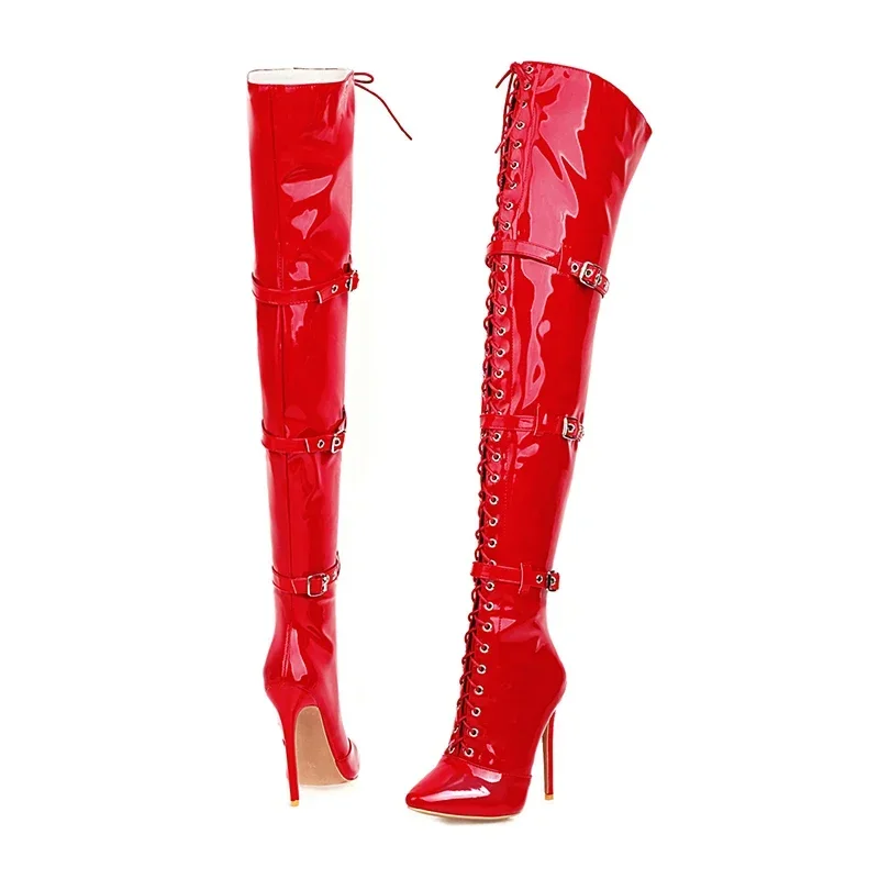 Frauen sexy Kreuz gebunden Oberschenkel hohe Stiefel spitzen Zehen dünne High Heels über dem Knie Stiefel Lack leder Schuhe Frau 33-46