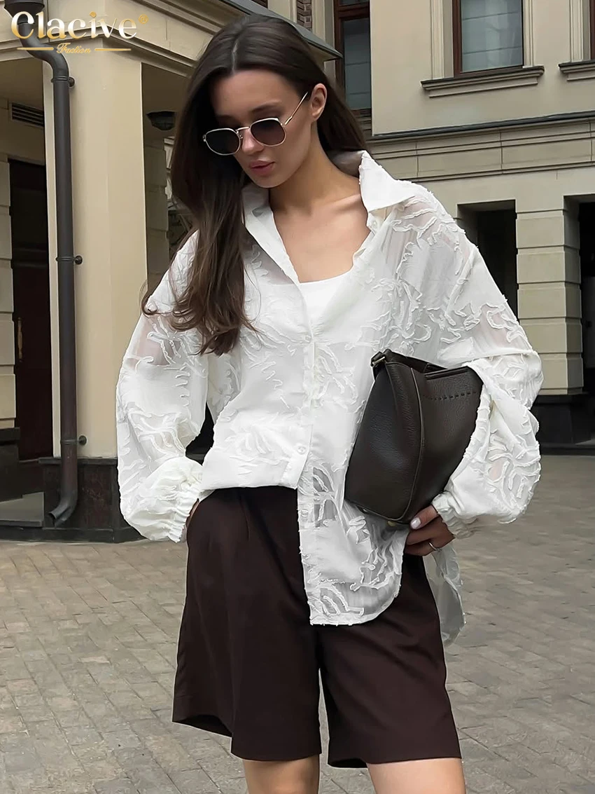 

Clacive Fashion Loose White Women's Shirt 2025 Casual Lapel Long Sleeve Blouse Elegant Classic Solid Top Female Clothing