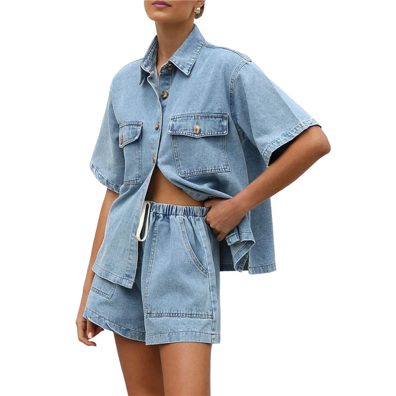 

ASDS-Women's Denim 2 Piece Outfits Short Sleeve Button Down Shirt Drawstring Shorts Set Casual Jean Outfits