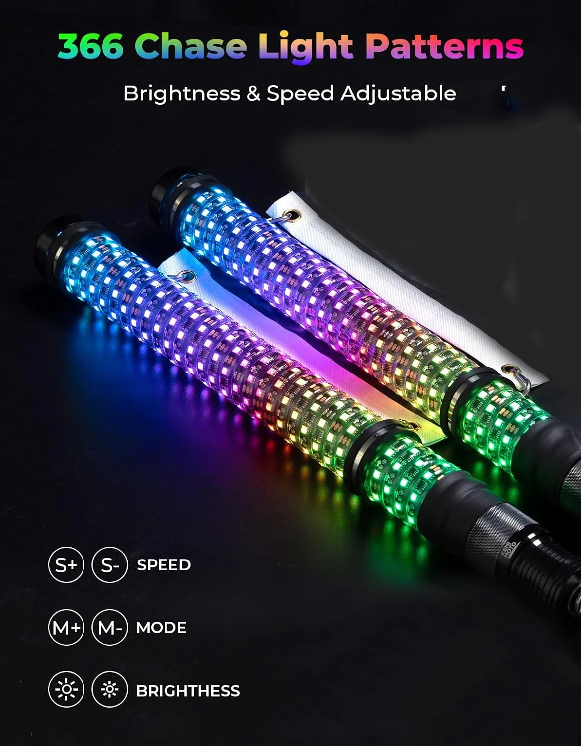 for Polaris Ranger, General, RZR UTV 2ft RGB LED Spiral Whip Light Antenna with Flag & Remote ATV 2Inch Fat LED Whip Lights 2PCS