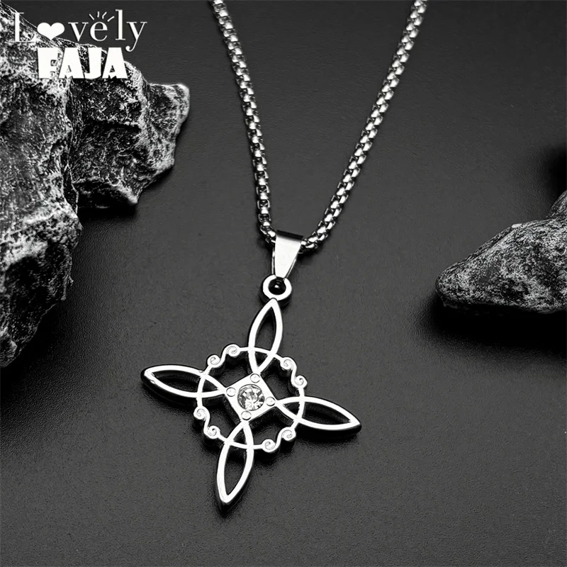 Stainless Steel Witch Knot Pendant Necklace for Women Men Silver Color Rhinestones Wicca Pagan Magic Chain Amulet Lucky Jewelry