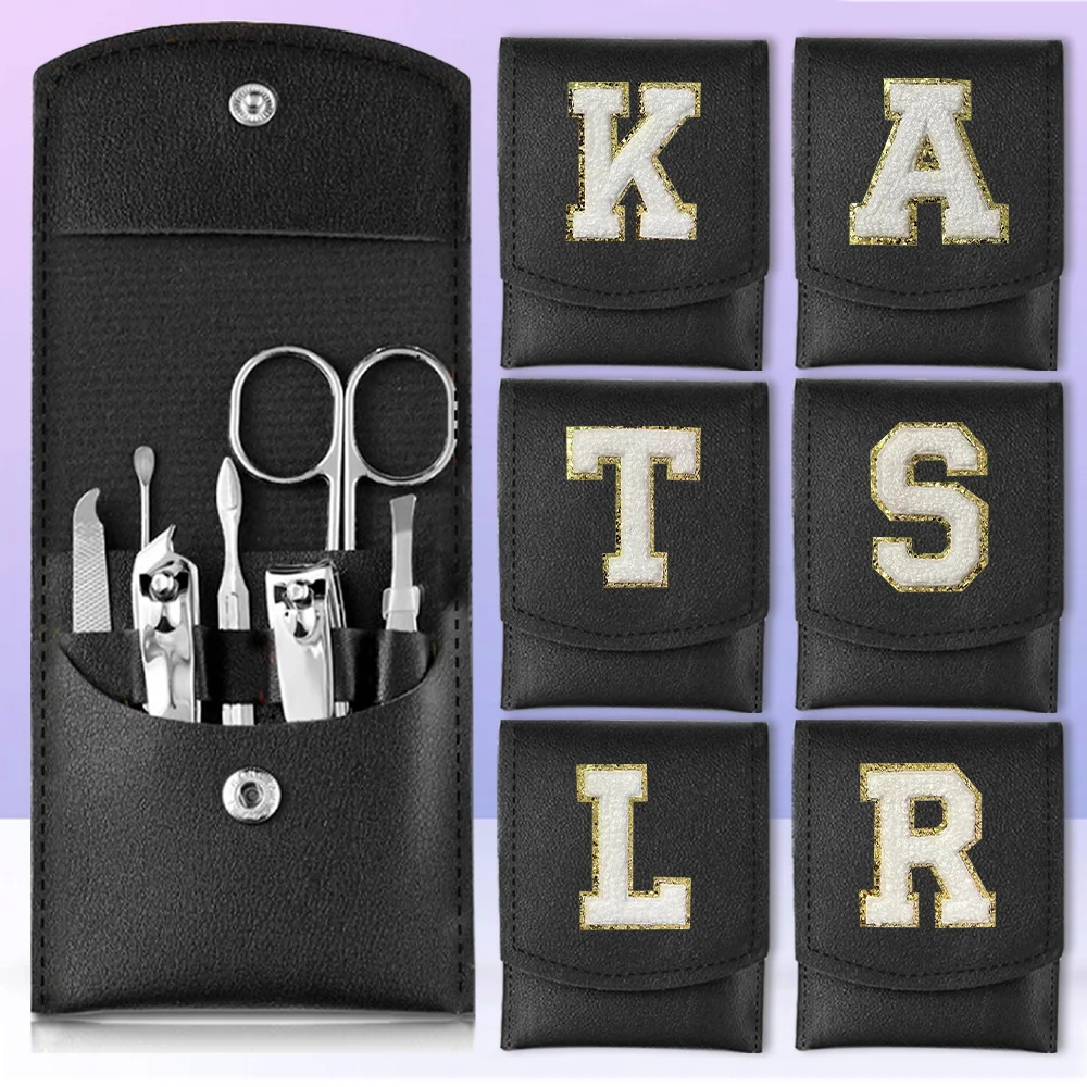 

7Pcs Manicure Set PU Organizer Nail Clippers Kit Stainless Steel Pedicure Tool Bag Initiial Chenille Embroidery Letter Pattern