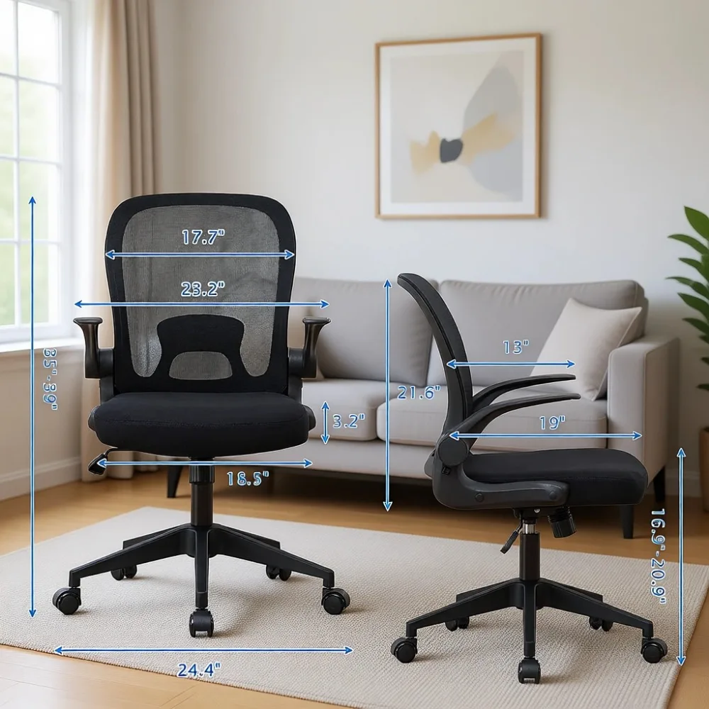 Foldable Ergonomic Mesh Chair with Wheels and Flip Arms for Small Spaces | Suitable for All Ages | Black