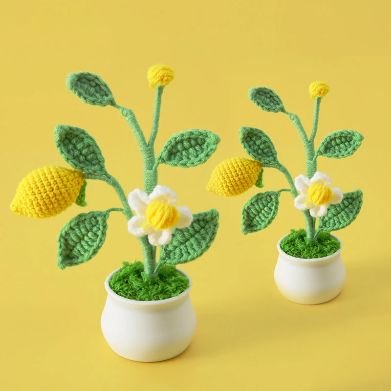 New Hand-knitted Crochet Lemon Potted Artificial Plant Fruit Cotton Leaf Lemon Bouquet Auto Interior Accessories Car Decoration