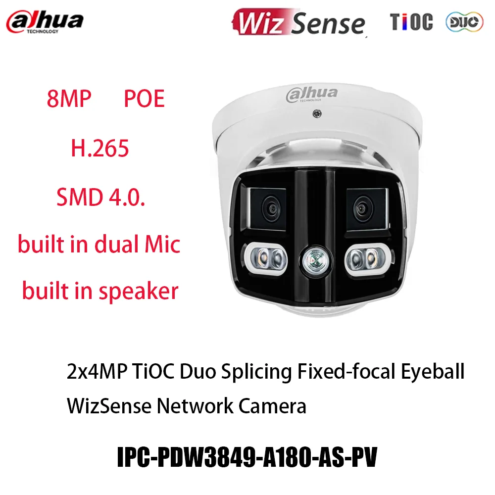

Dahua Original IPC-PDW3849-A180-AS-PV IPTV 2x4MP POE IR25M build in dual Mic TiOC Fixed focal Eyeball WizSense Network Camera