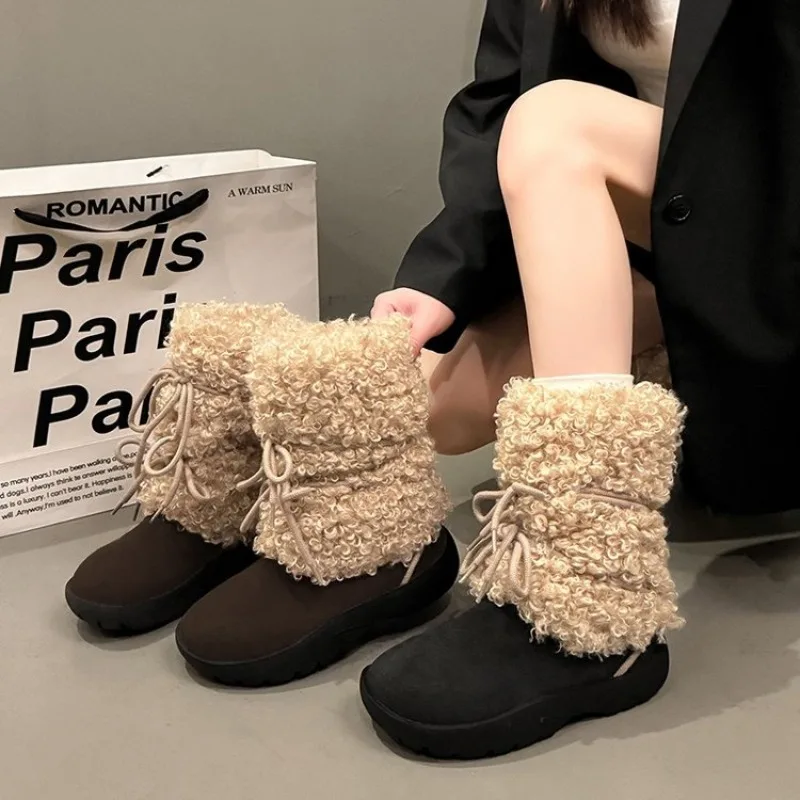 

2026 Winter Snow Boots Women Ski Boots Luxury Fluffy Furry Fur Boots Female Warm Waterproof Platform Black Cotton Boots New 40