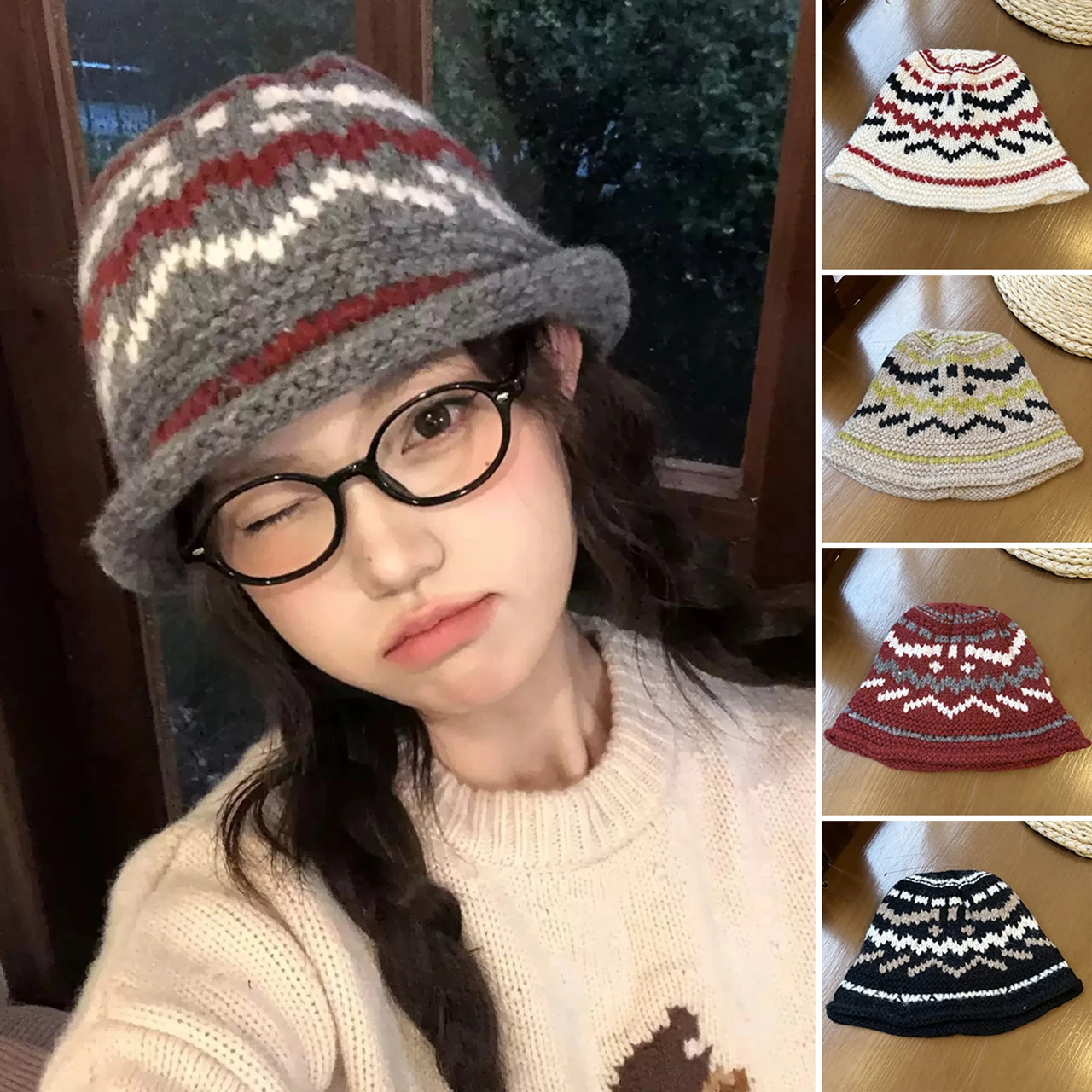 Damski zimowy ciepły kapelusz rybacki w stylu vintage, dziergany, z podwiniętym brzegiem, kapelusz typu bucket dla dziewczyn, kobiet, na zewnątrz, wiatroodporny kapelusz panama, kapelusz typu basin.