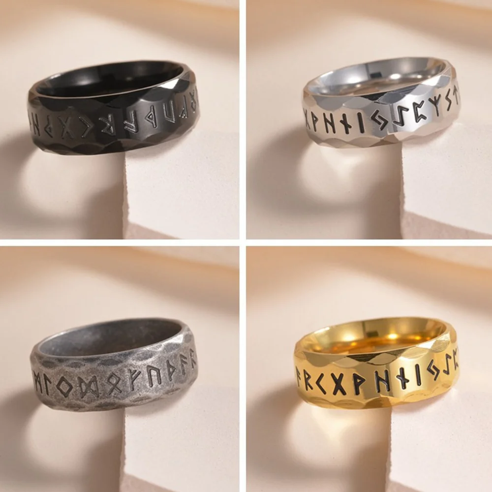 Runenring für Herren, facettierter, graviertes Symbolband, goldfarben, Edelstahl, Ring im nordischen Stil, geometrischer Statement-Schmuck. – Detail 2