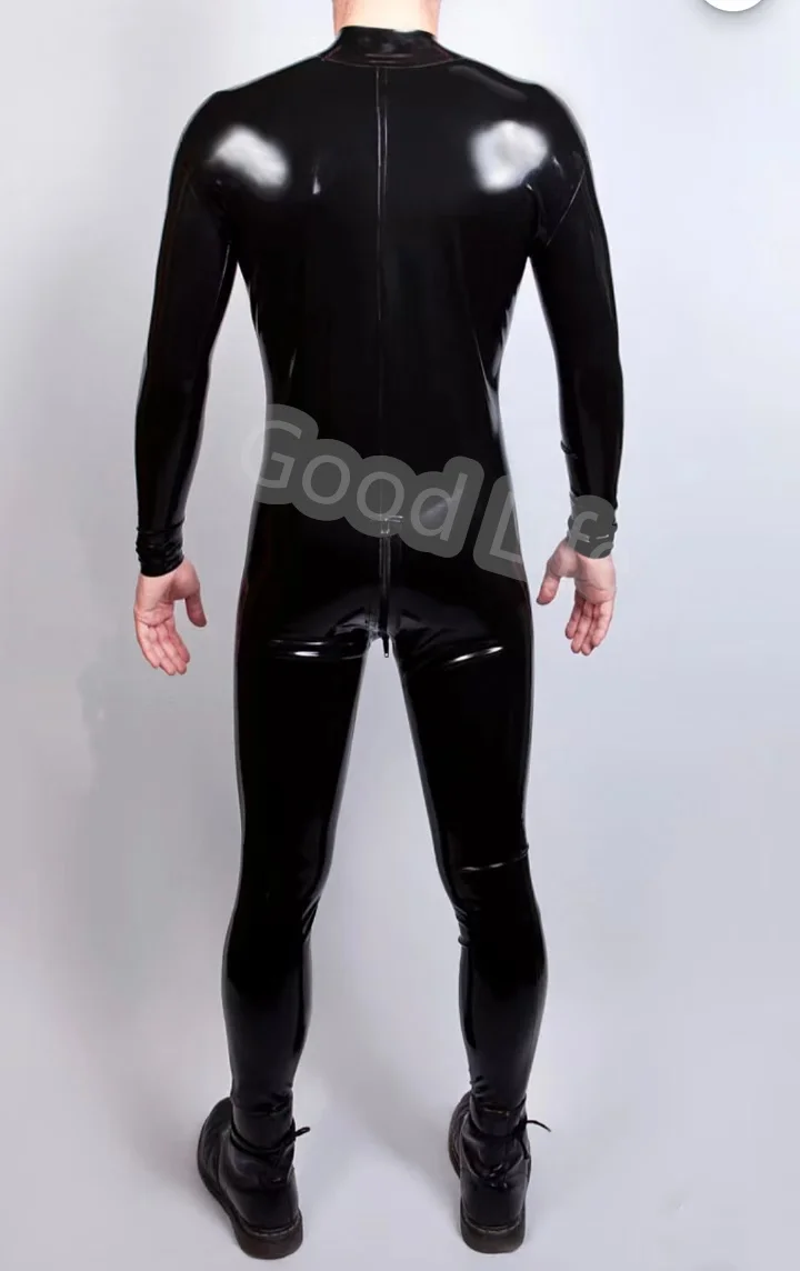 Handmade Natural Rubber Latex Catsuit Front To Crotch Zip 100% Latex Rubber Classic Black Bodysuit Attached Socks