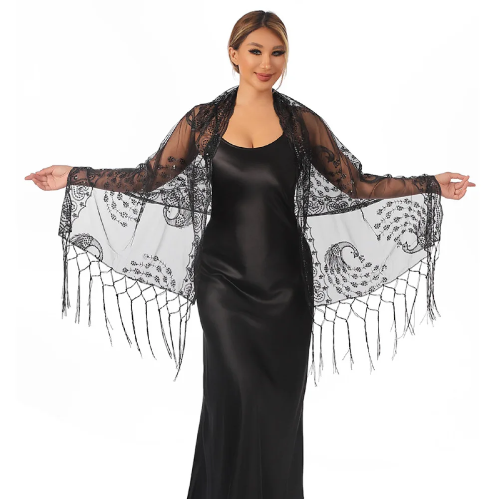 Women Elegant Shawl Peacock Embroidery Sequin Tassel Wrap Evening Party Gown Scarf Wedding Guest Accessory Stole