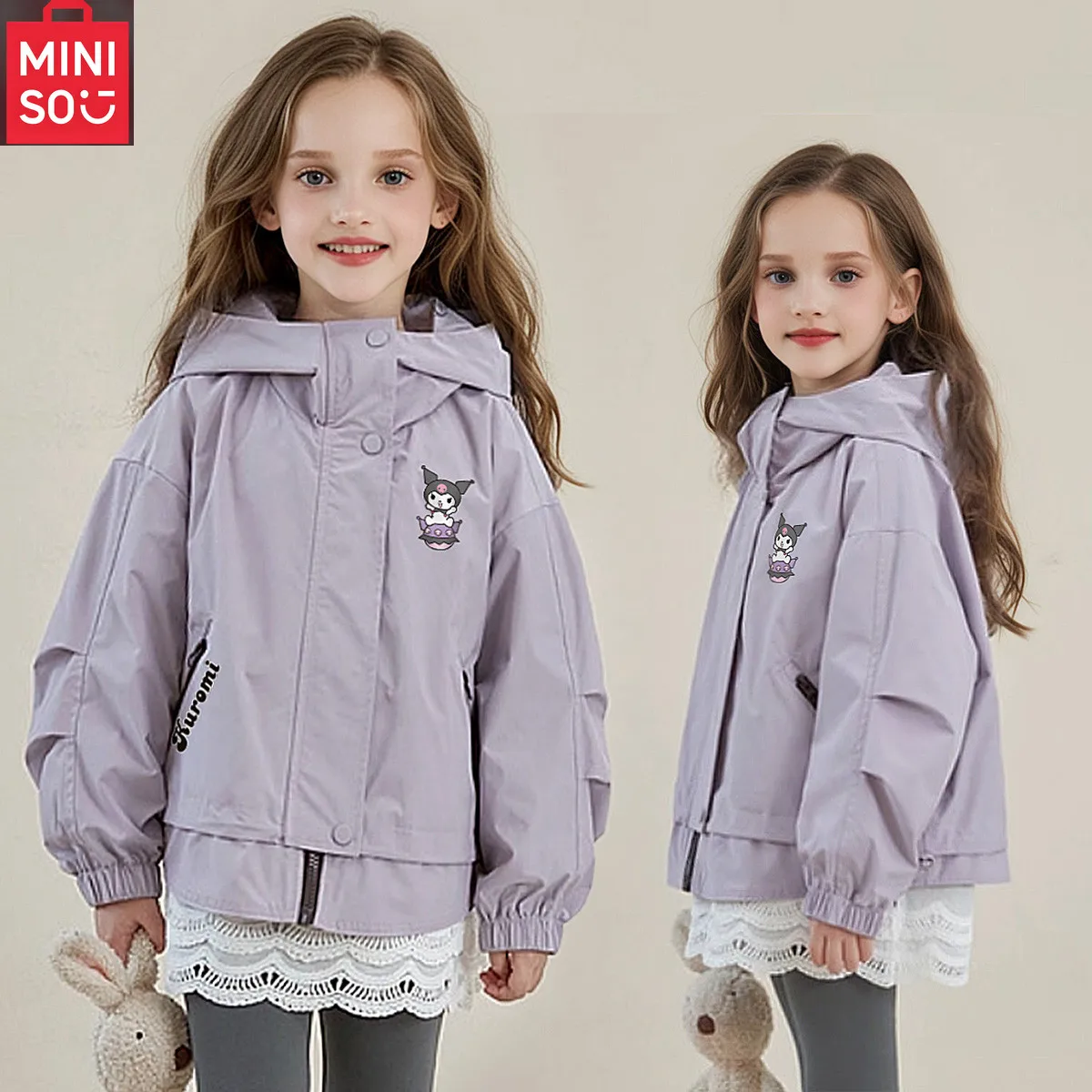 

MINISO Kuromi куртки для девочек, весенне-осенняя одежда, пальто с обеих сторон, детская ветровка, шоковый костюм, верхняя одежда с капюшоном, топы, милое пальто