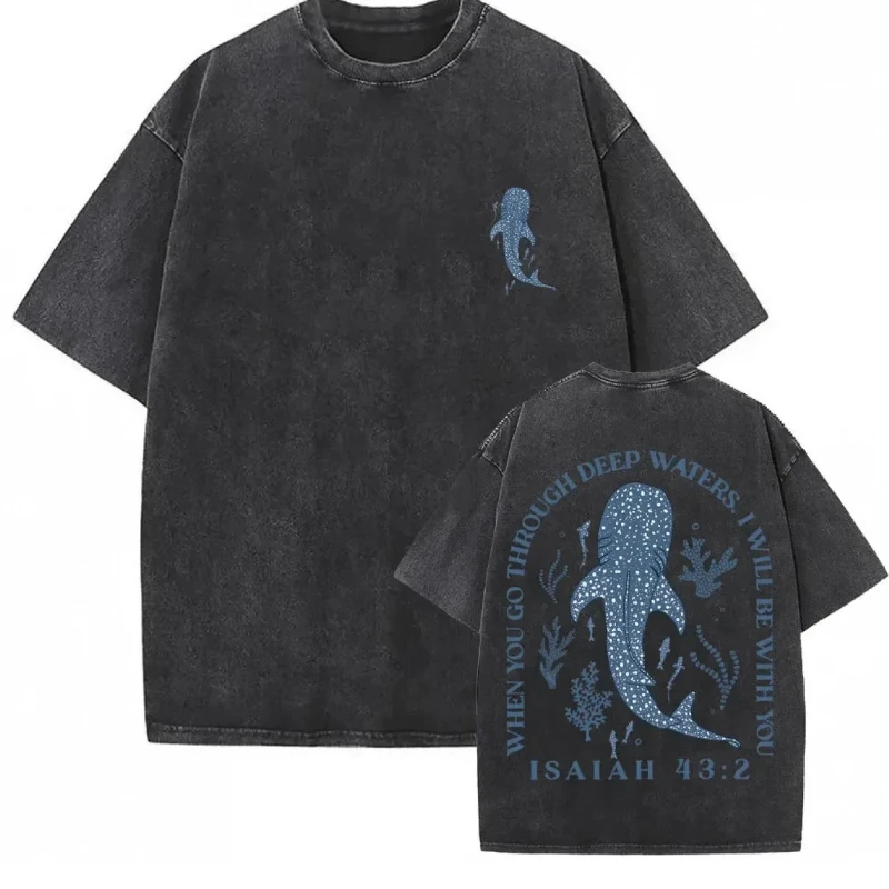 Retro Washed Black Whale Shark Print T-Shirt für Damen im koreanischen Stil mit Meerestier-Grafik, lässiges Baumwoll-Kurzarm-T-Shirt