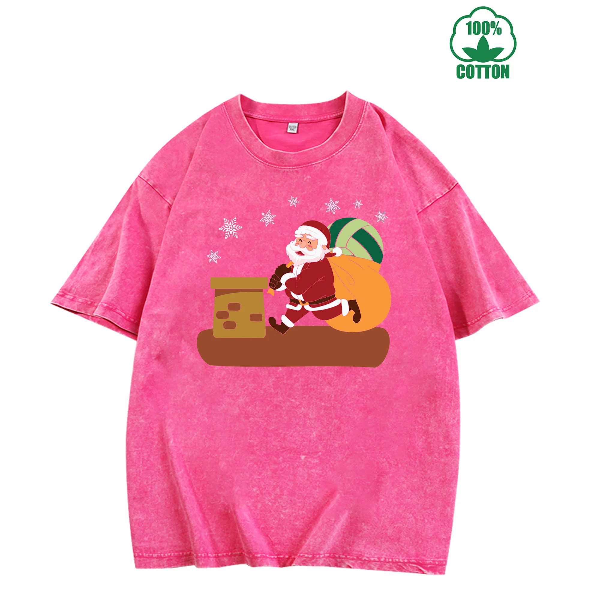 تي شيرت سانتا كلوز يعطي هدية تي شيرت كلاسيكي مغسول 230 جرام 100% قطن للجنسين ملابس شارع كبيرة الحجم مريحة