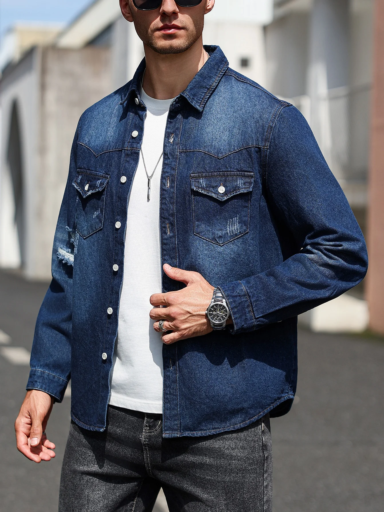 Men's dark blue distressed western-style denim shirt jacket, casual button-front layering streetwear top view 2