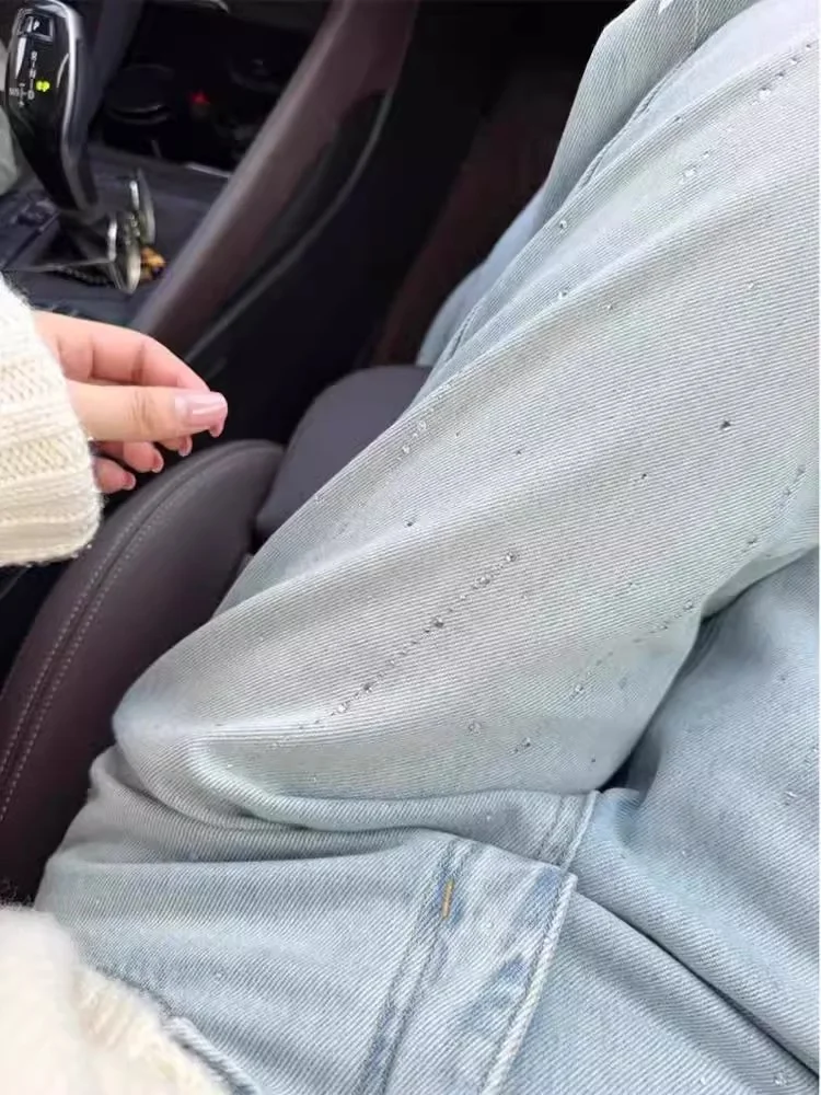 유럽 스타일 라인스톤 청바지 여성 봄 가을 2025 신상 하이웨이스트 슬림핏 마이크로 플레어 팬츠 ins 만능 바지