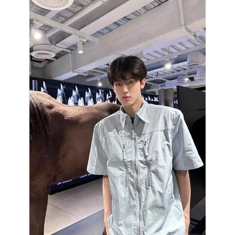 Zippered Shoulder Pad Shirt Men's Short-sleeved Summer High-end Work Shirt Design Sense Five-point Sleeve