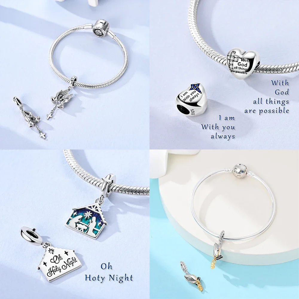 Anniversary Original 925 Silver Jesus Birth Cross Prayer Hand Heart Charms Beads Fit Bracelet Fine Gift Jewelry Women Diy Making