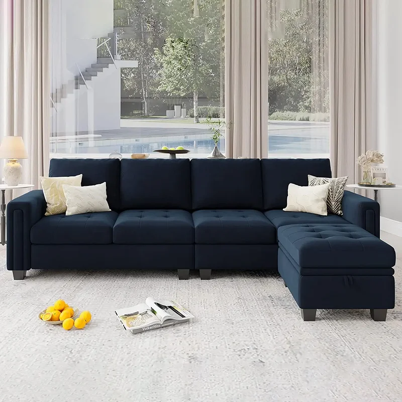 

Velvet Reversible Sofa With Convertible L Shaped 4-seat Sectional Couch With Storage Grey Sofa Luxury Bedroom Set Furniture