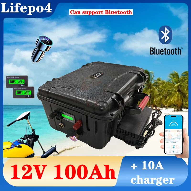 batteria al litio impermeabile 12V 100AH Lifepo4 bluetooth BMS APP 12.8V USB per caricabatterie triciclo 10A alimentatore invert