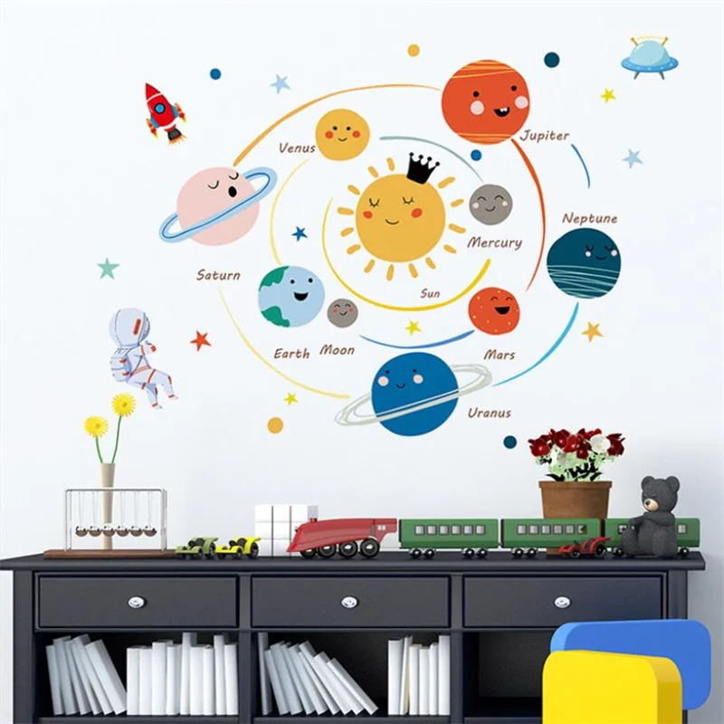 2PCS/LOTS Removable Cartoon Hand Drawn Solar System Wall Stickers For Kindergarten Children's Room Study Decoration And Layout