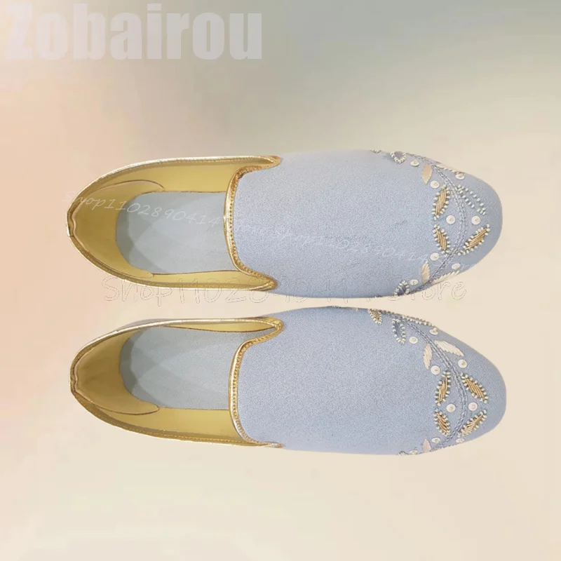 Sepatu Loafer Penny Desain Bordir Bunga Biru Langit, Sepatu Pria Slip On Modis, Sepatu Kasual Pria Buatan Tangan Mewah untuk Pesta, Jamuan Makan, Kencan