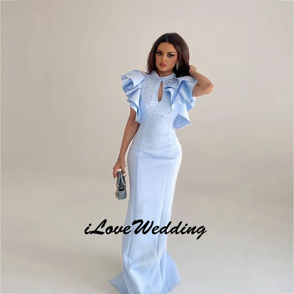 Abito da sera su misura con perline blu cielo, lunghezza del pavimento, abiti da sera, ballo di fine anno, senza maniche, in raso, retrò, Dubai, arabo saudita, 2025 personalizzato