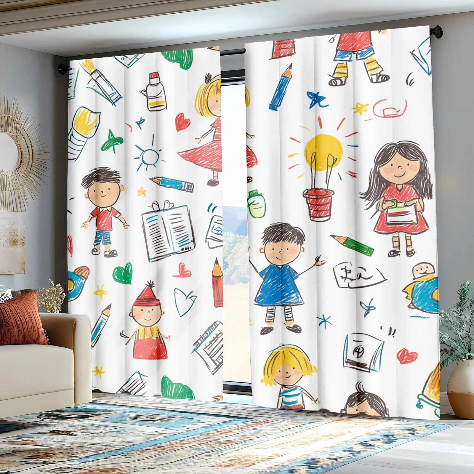 Children’s Art Curtains 2pcs – Drawings of Kids, Pencils & Lightbulbs, Whimsical Classroom Decor for Boys’ and Girls’ Rooms