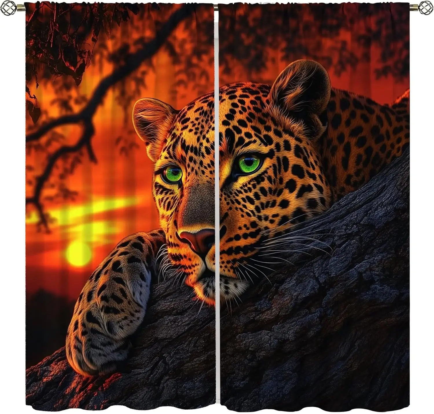 African Safari Cheetah Curtains for Boys,Wild African Savannah Sunset Tree Cheetah Wildlife Spotted Leopard Window Treatments