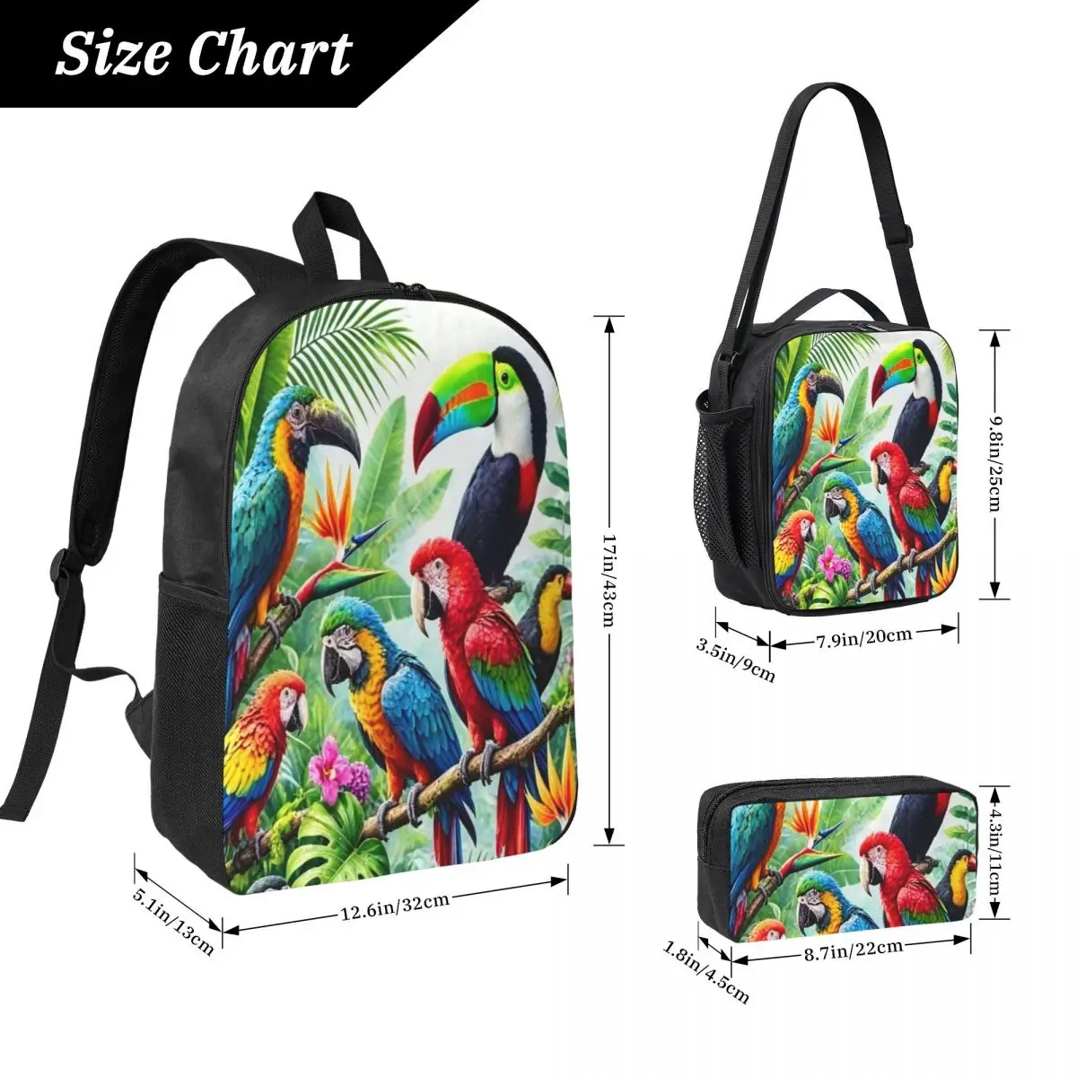 Vibrant Jungle Scene With Parrots Backpack Kids BookBag School Bag Laptop Shoulder Bags 3ps Insulated Lunch Bag Pencil Case