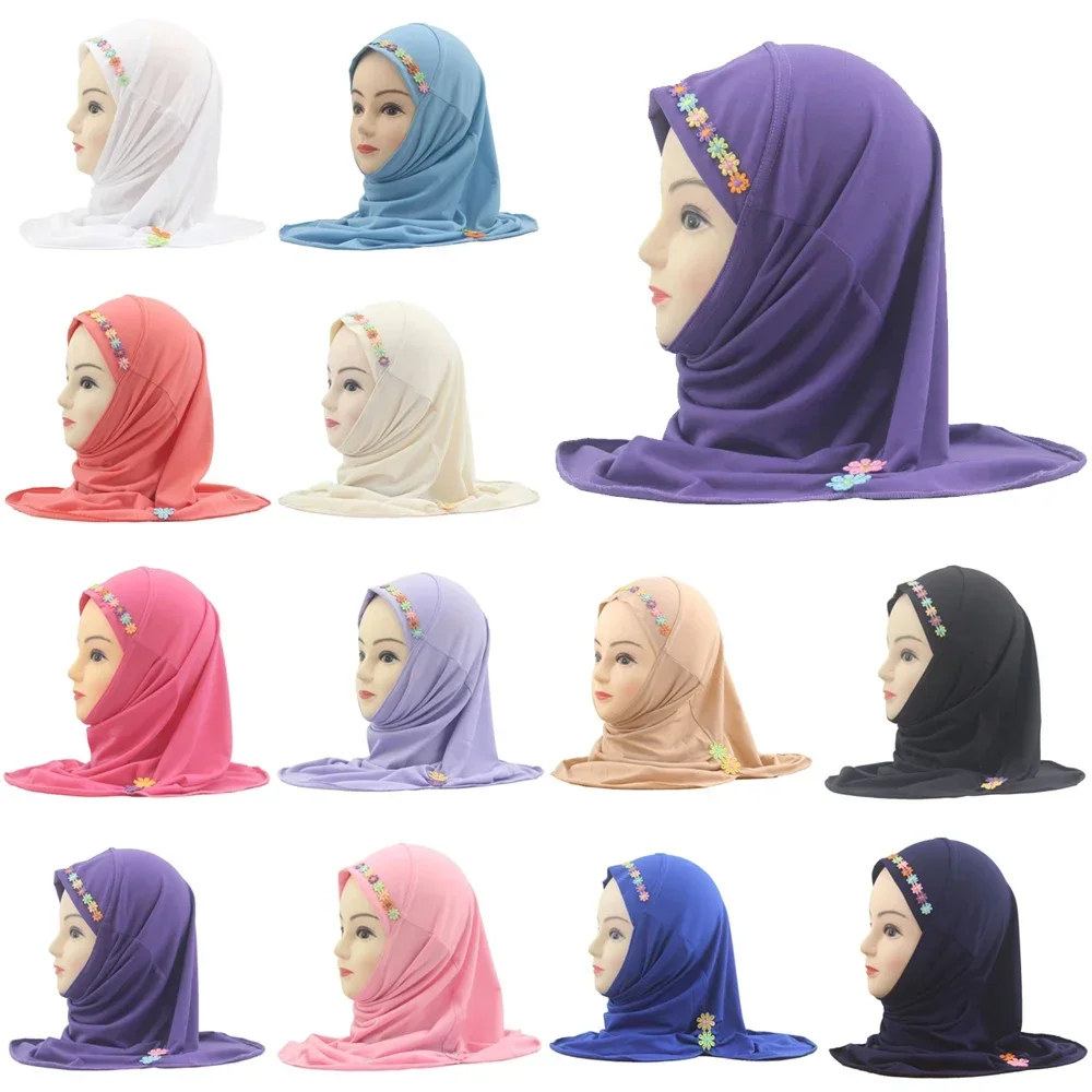 

Цветочный хиджаб для детей 2-6 лет, мусульманский мгновенный шарф для девочек, тюрбан, платок, исламская шапка, готовая к ношению, повязка на голову