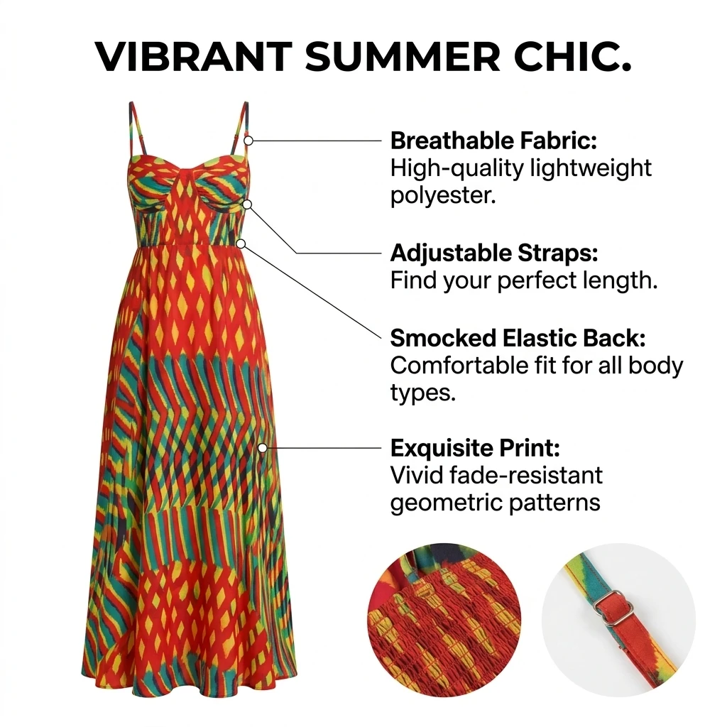 Spaghetti Strap Maxi Dress Women Summer Boho Geometric Print Sleeveless A-Line Long Sundress
