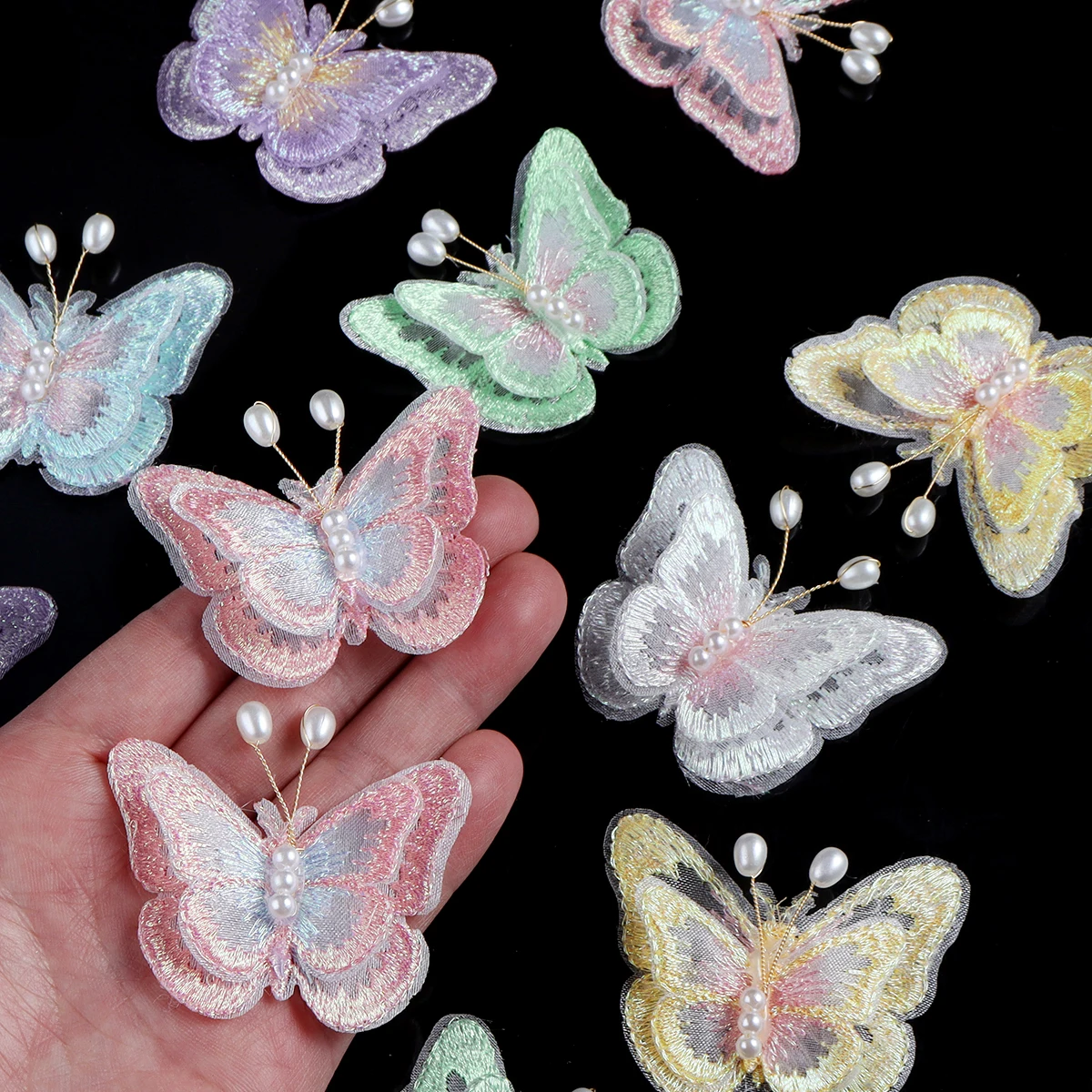 6 Stück 56 x 46 mm bestickte Mesh-Schmetterlings-Patches, bunte doppellagige Stoffapplikationen für Zuhause, Party, DIY, Kleidung, Kopfbedeckung, Dekor