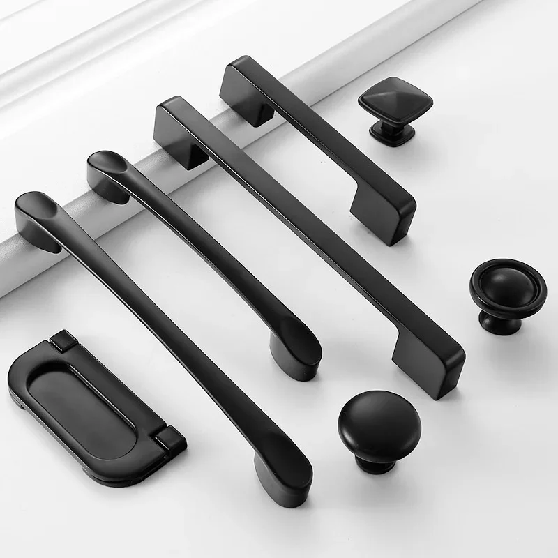 مقبض ممتد بفتحة واحدة سوداء على الطراز الأمريكي، مقبض باب خزانة ملابس بسيط وحديث، أجهزة أثاث للدرج