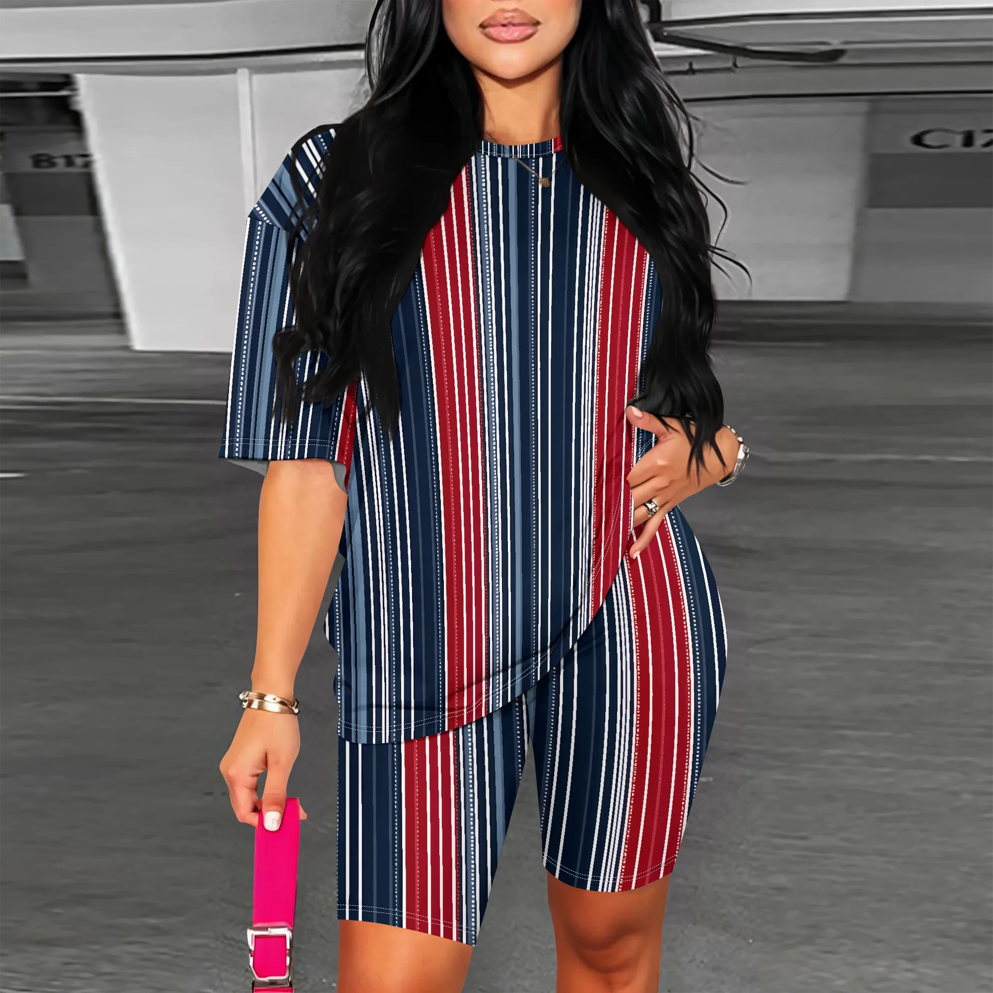 Striped Print, Short Sleeve Top And Shorts Set, Vertical Lines Pattern, Summer Casual Wear For Women, S-2XL