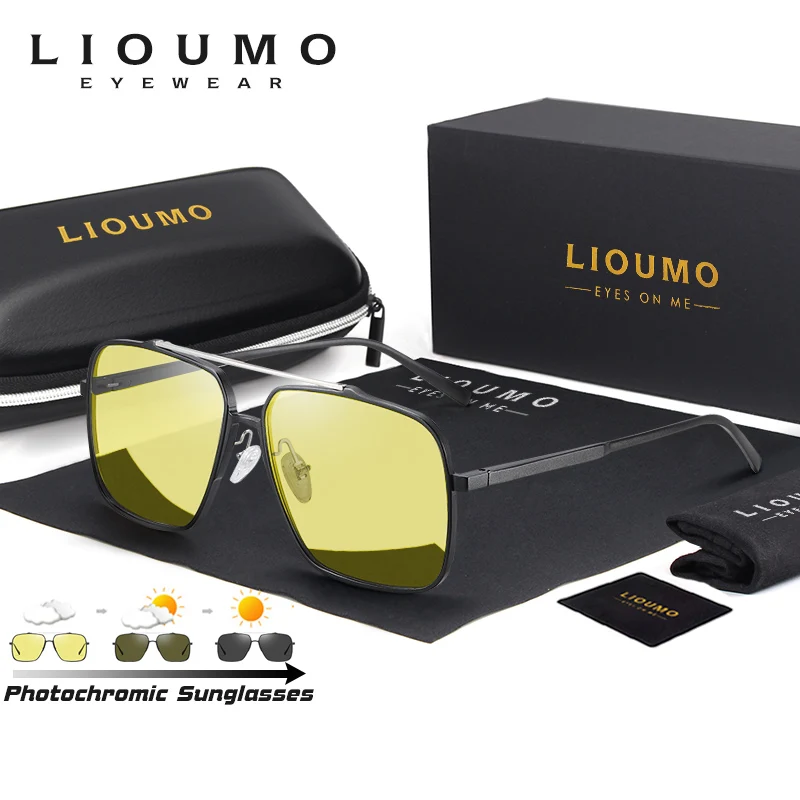 LIOUMO Luxury Oversized Polarized Sunglasses Men Photochromic Day Night Vision Yellow Sunglasses Aluminum Goggles gafas de sol