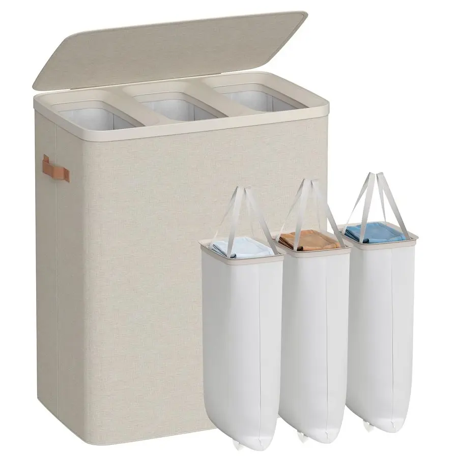 

Laundry Basket, 50.2 Gal. Laundry Hamper, 3 Compartments, Easy Assembly, with Lid and Handles, Removable Liners, 25.2 x 15.7 x 2