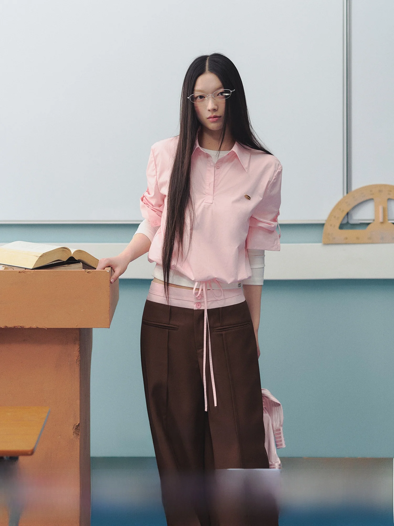 

LaluneDuCiel Pure Cotton Casual irt Women's Dstring Waist Turn-down Collar Top Autumn Season Versatile Simple Design