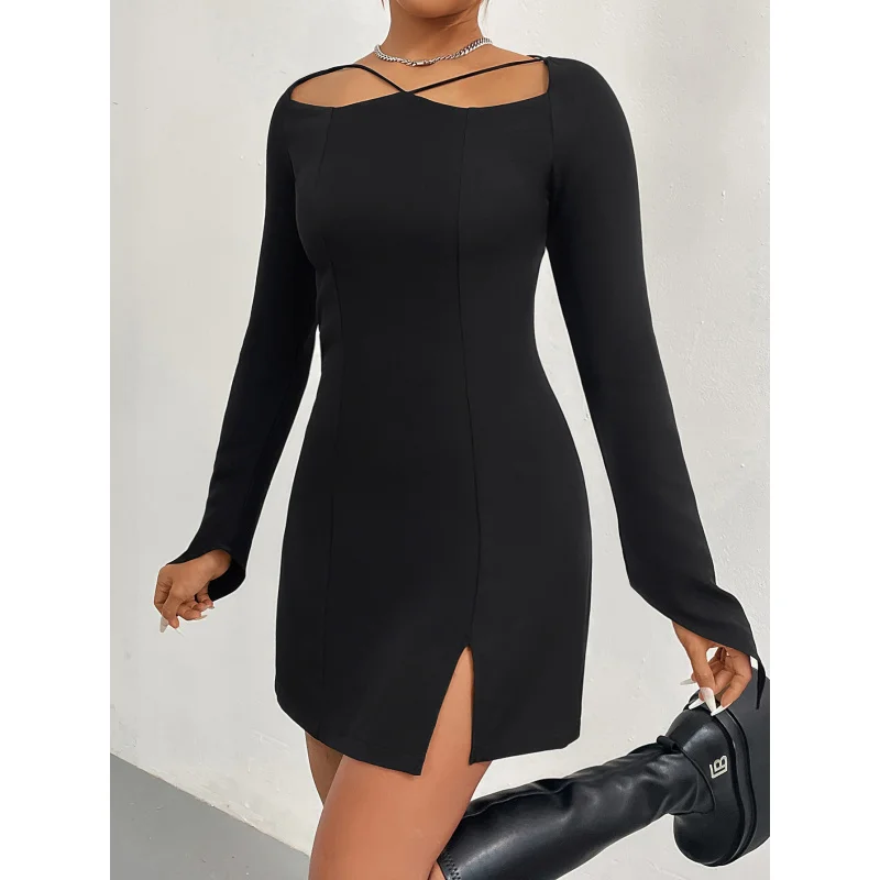 

YQ1-Women's Sexy StyleVLong Sleeve Dress with Collar, New Autumn Hollow Out Pullover Solid Color Short Dress