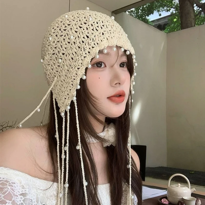 

Pearl Tassel Pendant Hollow Turban Hat Women Handmade Bohemian Knit Pullover Cap Summer Vintage Slouchy Beanie for Large Head