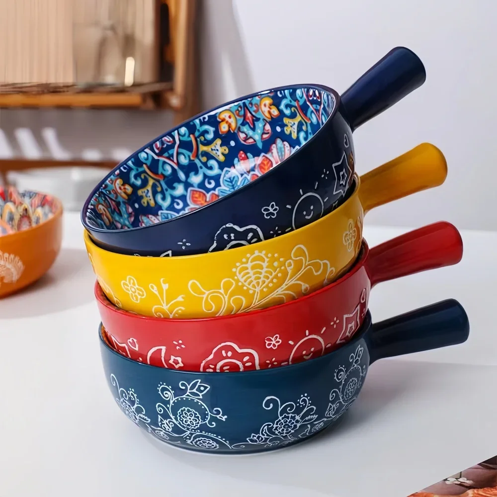 

Bohemian Ceramic Handle Bowl Household Fruit Salad Bowl with Handle Rice Bowl