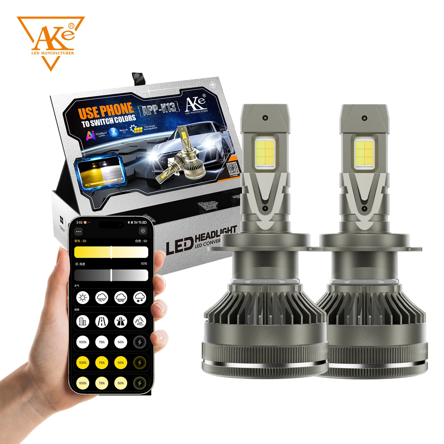 3 Colors APP Control H7 Car Headlight Bulbs H4 Mini Turbo Headlight H1 H11 H3 9005 HB3 9006 HB4 LED Car Lights 3000K 4300K 6000K